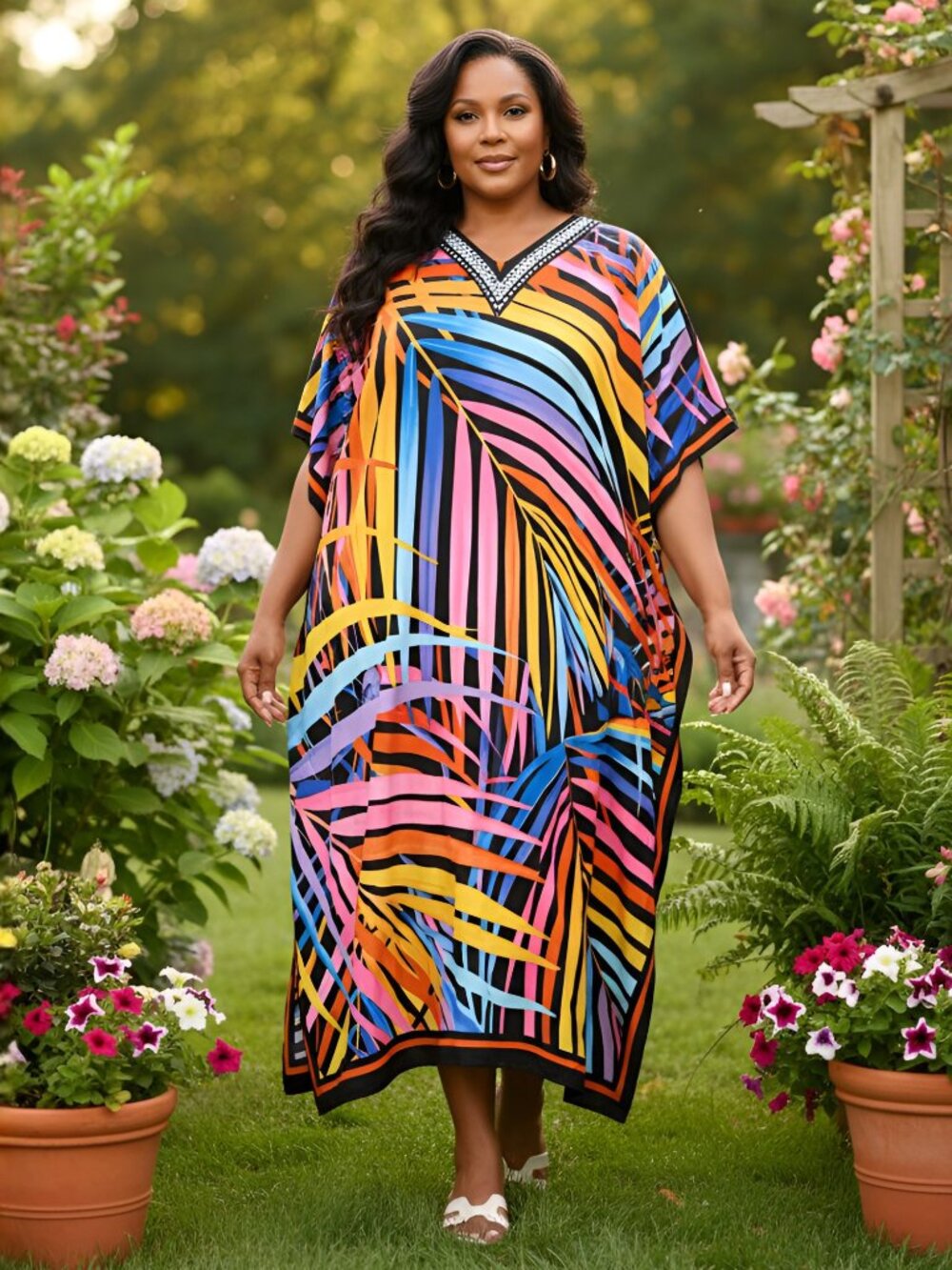 Multicolor Plam Leaf Printed Caftan Dress Loose Cover Up Maxi Dresses for Women